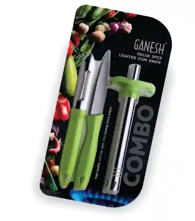 Ganesh ( 3 Pc set ) Stainless Steel Gas Lighter with Knife & Peeler